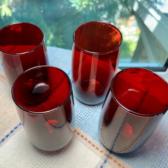 Vintage Ruby Red Glass Tumblers Set of 4, Cranberry Red Glasses - Picture 4 of 10